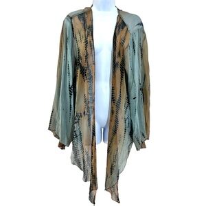 100% Silk Sheer Waterfall Kimono Topper Sage Brown Boho Fairy